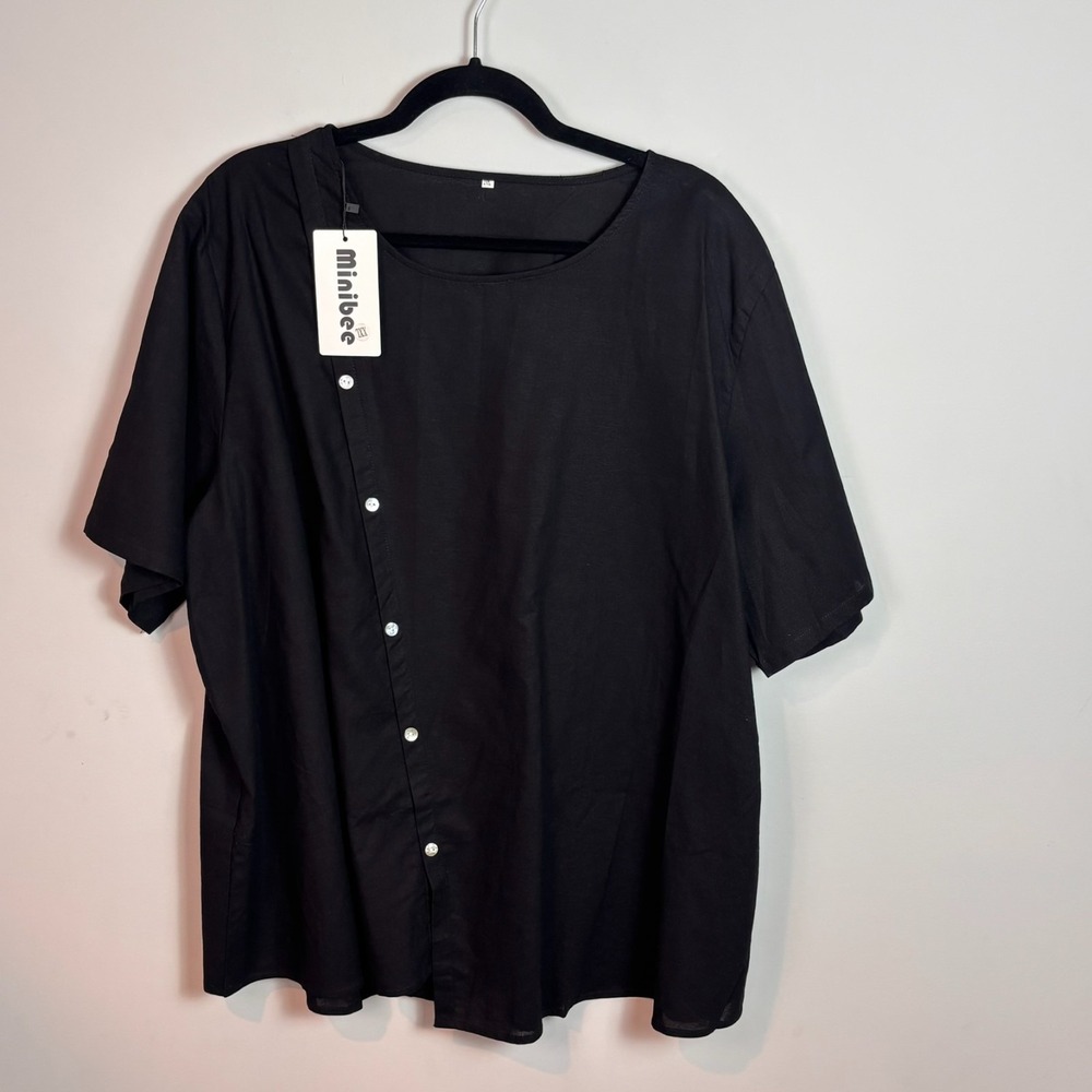 NEW Minibee Womens Black Linen Cotton Short Sleeve Button Asymmetric Top sz 2XL